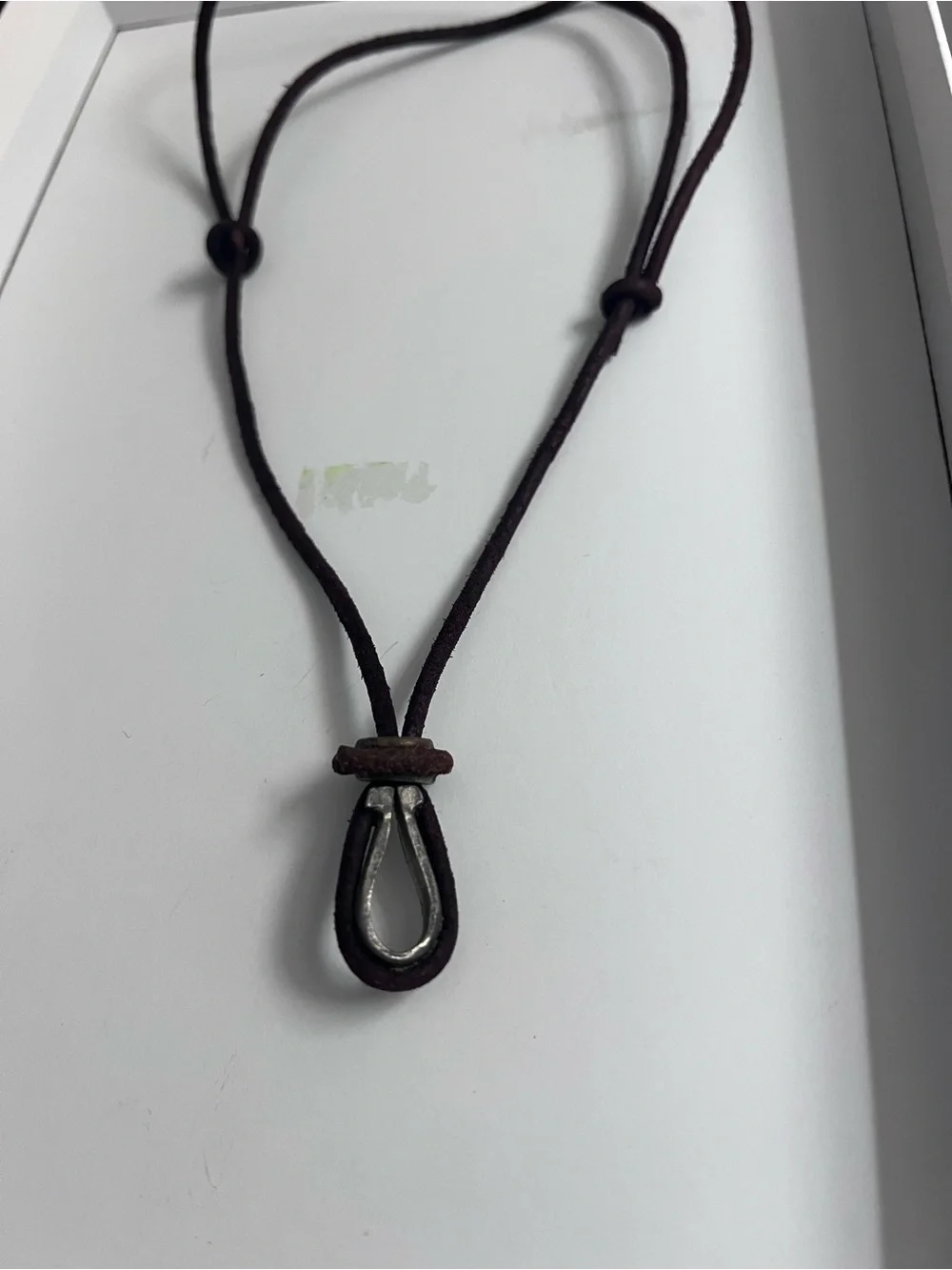 Vintage Boho Brown Leather Cord Necklace with Metal Teardrop Pendant